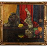 Still Life with Fruit and Figurine, oil on board, signed "C. Gleane" lower right, overall (with