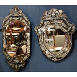 (lot of 2) Venetian etched glass mirrors, one having a shield form, the other octagonal, largest: