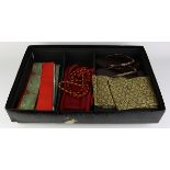 (lot of 7) Kimono set in a black laquered paper box, consisting of a lilac color silk kimono; two