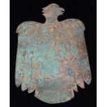 Ancient North American Indian copper plaque depicting a raptor, 8"h x 6"w