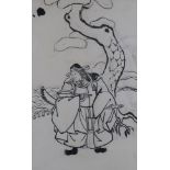 (lot of 3) Japanese paintings, ink on paper, featuring sketches of figures including Ryu kaisen,