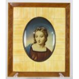 Italian liturgical portrait, depicting the Virigin Mary with halo in a bone veneer frame, signed "