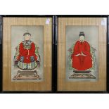 (lot of 2) Chinese framed ancestral portraits, ink and color on silk, of seated patriarch and