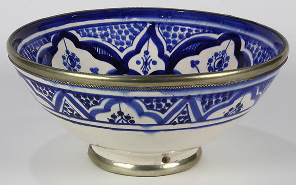 Indo-Persian polychrome decorated ceramic bowl, having a geometric border with a hand painted cobalt