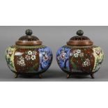 Pair of Japanese cloisonne jars with lids, rounded hexagonal bodies on tripod bases, each panel with