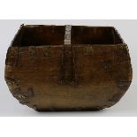 Indigenous carved wood basket with nailed copper accents, 9"h x 12.5"w x 13"d