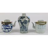 (lot o 3) Chinese underglaze blue porcelain, consisting of two ribbed teapots with figures; together