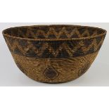 Large Mission storage basket, having a tapered ground with repeating abstract geometric designs, 9"h
