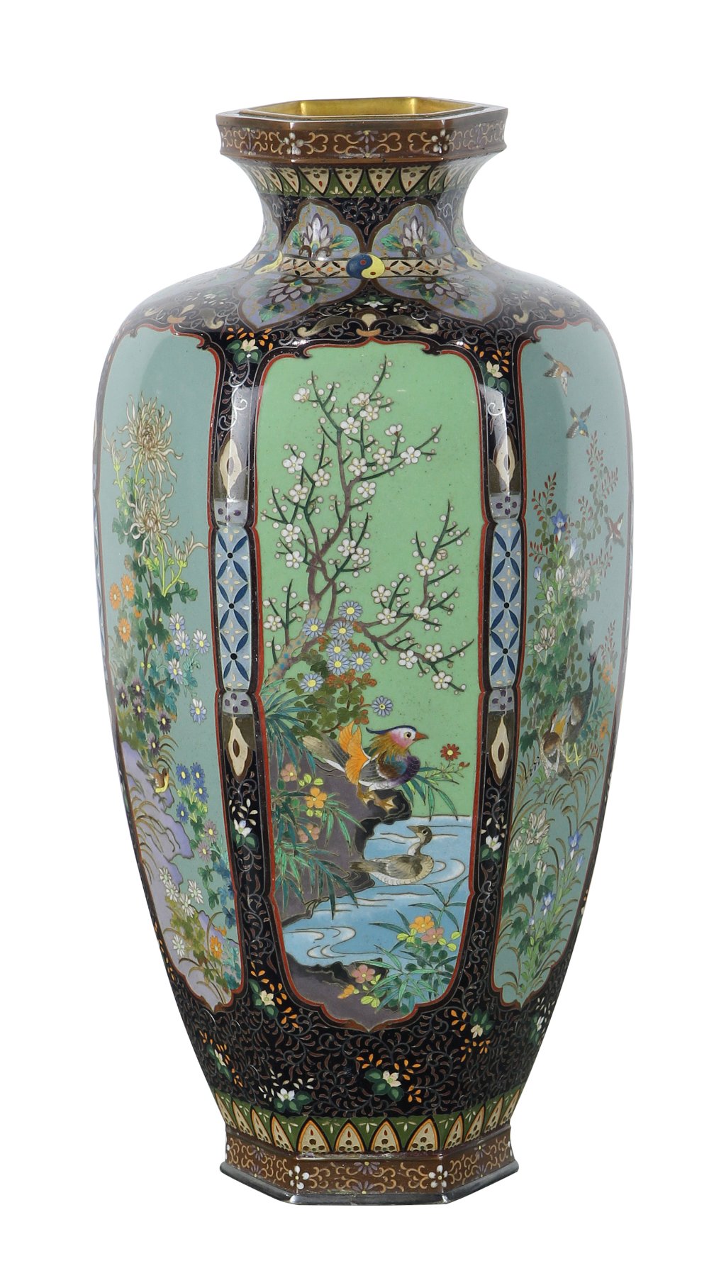 Pair of Japanese cloisonne vases, Meiji period, having a hexagonal body with seasonal flowers, trees - Image 2 of 6