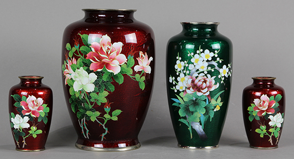 (lot of 4) Japanese cloisonne ginbari vases, consisting of a large red sparrow and bamboo ginbari