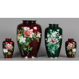 (lot of 4) Japanese cloisonne ginbari vases, consisting of a large red sparrow and bamboo ginbari