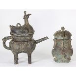 (lot of 2) Chinese archaistic bronze hu and ewer, consisting of a covered hu fronted by large eye