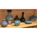 (lot of 7) One shelf of Chinese ceramics, consisting of robin's egg glazed ewer; a brush washer