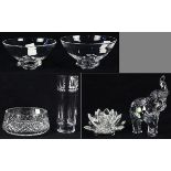 (Lot of 6) Waterford and Steuben glass group, consisting of a cut crystal vase, centerpiece bowl,