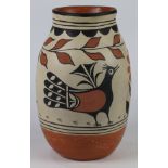 Santo Domingo Crucita Melchor ceramic pottery vessel, having a cylindrical form with bird motifs