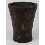 Pre-Columbian Inca Peru carved wood drinking vessel (Kero), circa AD 1500-1600, 8"h x 6.25"dia.