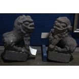 Pair of Chinese molded stone fu-lions, one accompanied by a cub and the other with a brocade ball,