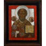 Russian icon, having painted decoration on wood panel, depicting St. Nicholas the Wonderworker with