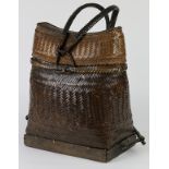 Southeast Asian style woven backpack, 16"h x 12"w x 7.25"d