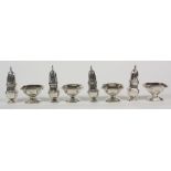 (lot of 8) English .958 silver open salts and pepper casters, by Lionel Alfred Crichton Brothers,