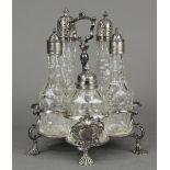 George II sterling silver cruet set, by Samuel Wood, London, 1758, the stand rests fitted with two