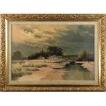 Creek by a Farm, oil on board, unsigned, 20th century, overall (with frame): 20.5"h x 27.5"w