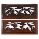 Pair of Japanese architectural wood panels, possibly ranma, open work with two hares jumping over