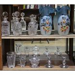 (Lot of 10) Cut crystal table articles, consisting of (3) decanters, two blue milk glass vases