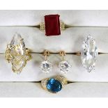 (Lot of 5) Synthetic stones, diamonds and yellow gold jewelry including one ring, featuring (1)