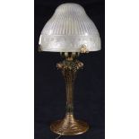 Daum Nancy lamp circa 1925, the textured thick walled mushroom form shade with stylized dot and line