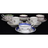 (lot of 12) Crown Derby soft paste cup and saucer group, 1758-1830, each having partial gilt