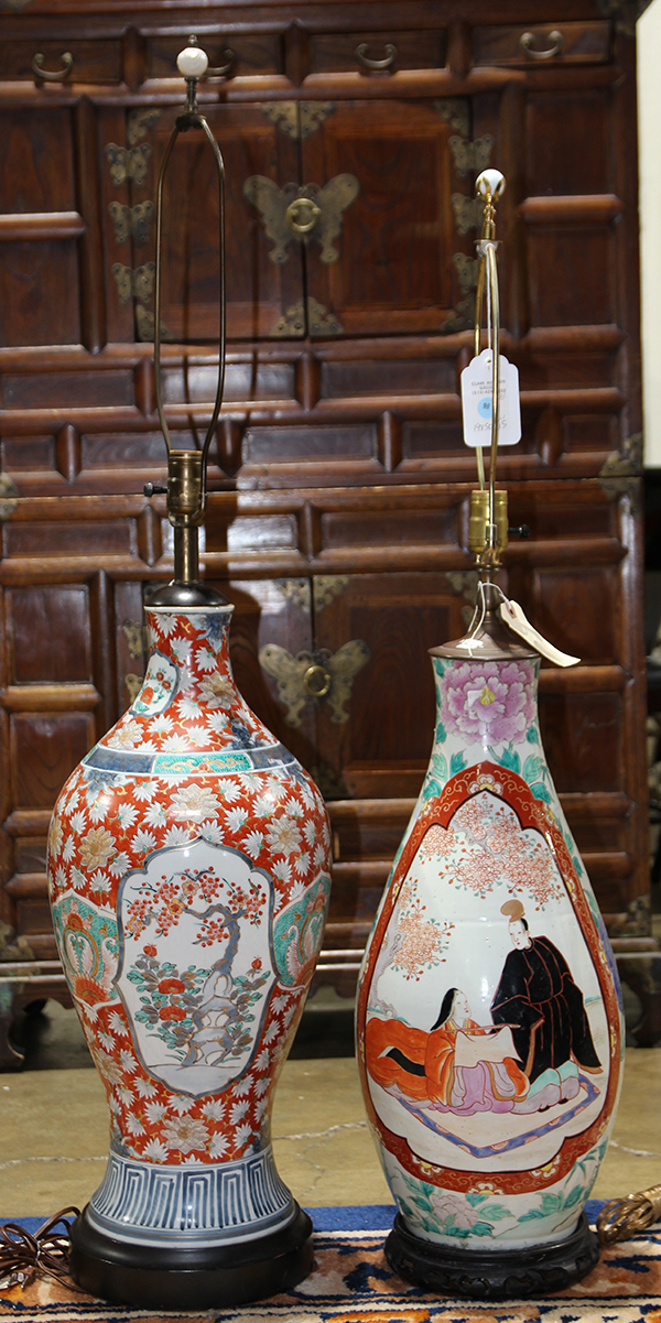 (lot of 2) Japanese vases, mounted as lamps: one with peonies and a panel featuring a lady handing a