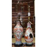 (lot of 2) Japanese vases, mounted as lamps: one with peonies and a panel featuring a lady handing a