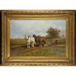 European School (20th century), Figure with Horses Plowing a Field, oil on canvas, signed