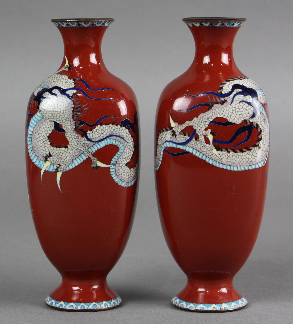 Pair of Japanese cloisonne vases, Meiji period, featuring a three-claw dragon on rounded rectangular - Image 2 of 6