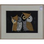 Kawano Kaoru (1916-1965), 'Three Eyes', of two owls, woodblock print, lower right with the artist