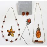 (Lot of 6) Amber, sterling silver and silver jewelry comprised of one pendant, featuring one large