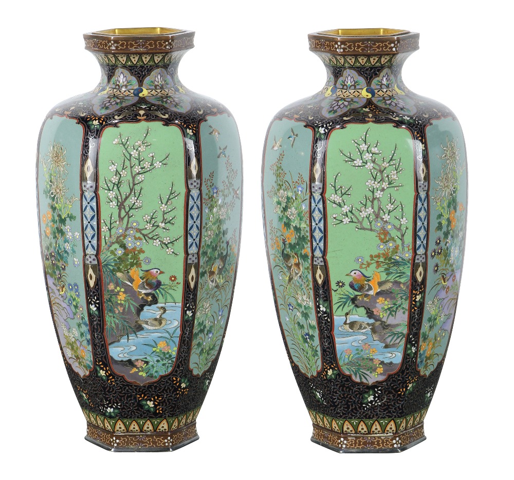 Pair of Japanese cloisonne vases, Meiji period, having a hexagonal body with seasonal flowers, trees