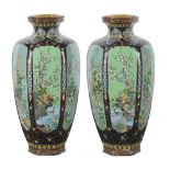 Pair of Japanese cloisonne vases, Meiji period, having a hexagonal body with seasonal flowers, trees