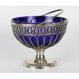 Continental compote, probably .800 silver, the reticulated bowl fitted with a cobalt glass liner,