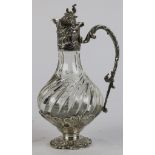 Continental silver-plate mounted crystal claret jug, possibly Fenton, with scrolling acanthus