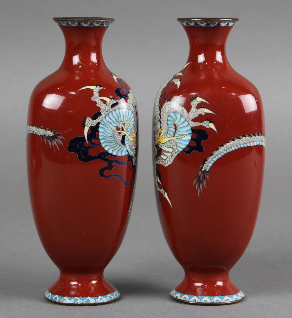 Pair of Japanese cloisonne vases, Meiji period, featuring a three-claw dragon on rounded rectangular - Image 4 of 6
