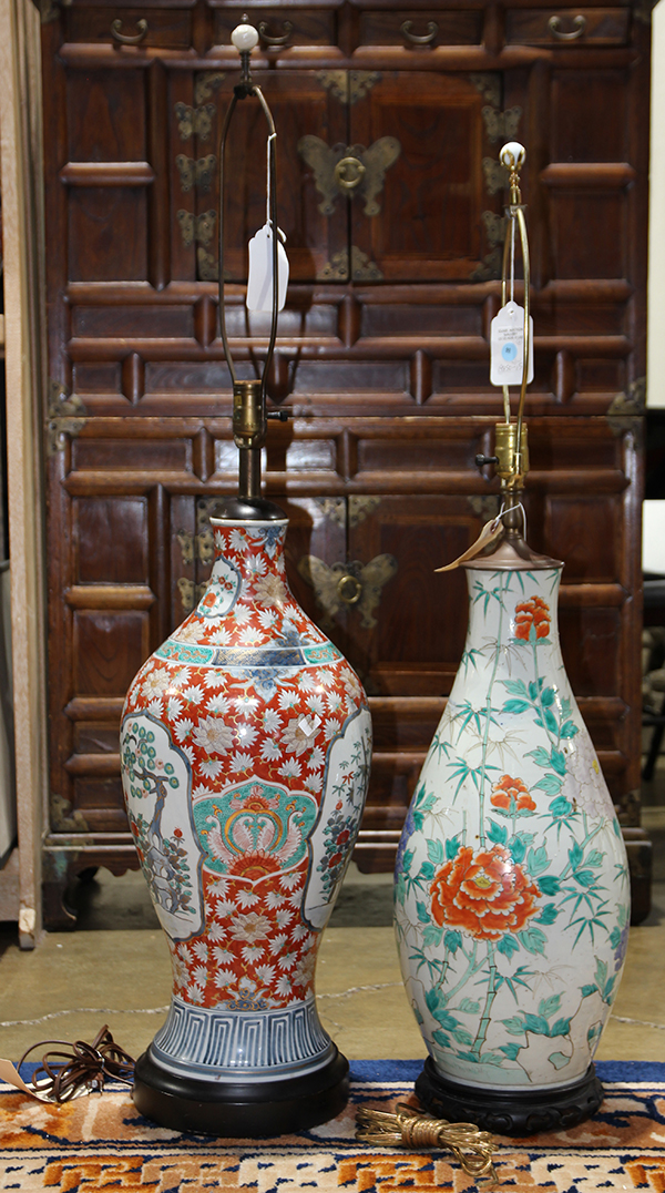 (lot of 2) Japanese vases, mounted as lamps: one with peonies and a panel featuring a lady handing a - Image 2 of 4