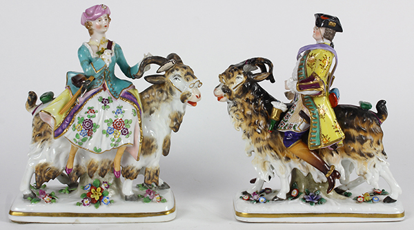 (lot of 2) Continental porcelain figural group after Meissen, each depicting a rider on horseback,