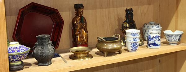 Three shelves of Chinese decorative art, including underglaze blue porcelain; bronze censer and - Image 2 of 4