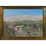 Argentine Mountain Scene with Cabin, oil on board, unsigned, 20th century, board label (Buenos