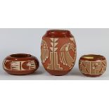 (lot of 3) San Ildofonso San Jaun ceramic pottery vessels, each with incised geometric patterns,