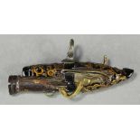 Japanese netsuke: miniature lacquered and iron pistol, 2.75"l