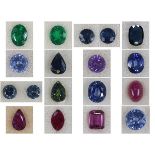 (Lot of 51) Unmounted emeralds, rubies and sapphires comprised of (20) varying shaped unmounted