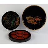 (lot of 3) Japanese black lacquered ware: a tray with a notched rim; a circular box featuring a